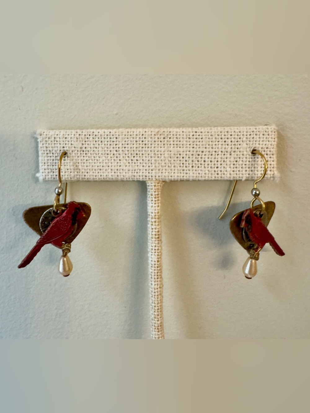 Red Cardinal mixed metals Drop Earrings with Pearl Accent